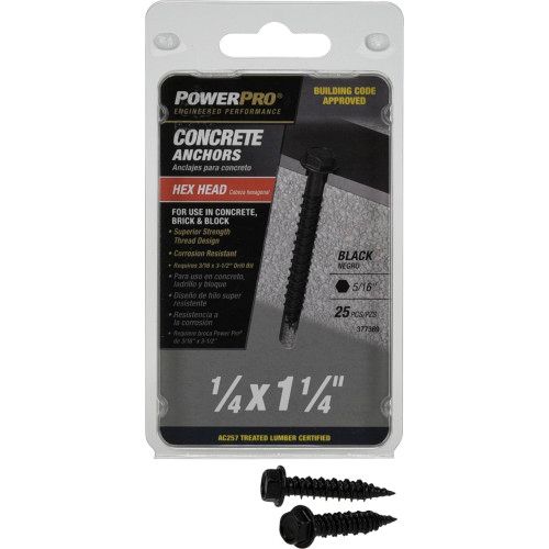 Power Pro Black Hex Washer-Head Concrete Screw Anchors (1/4" x 1-1/4") - XL-Pak