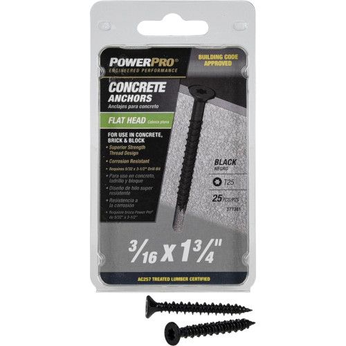 Power Pro Black Flat-Head Concrete Screw Anchors (3/16" x 1-3/4") - 25 pc
