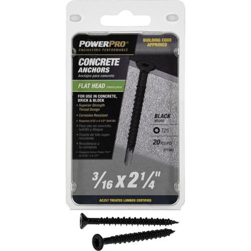 Power Pro Black Flat-Head Concrete Screw Anchors (3/16" x 2-1/4") - 20 pc