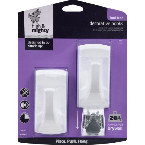 HIGH & MIGHTY DECORATIVE SINGLE HOOK WHITE PLASTIC RECTANGLE (20LB) 2 PACK