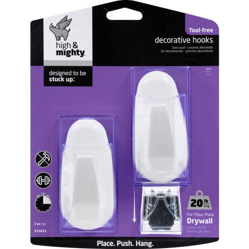 HIGH & MIGHTY DECORATIVE SINGLE HOOK WHITE PLASTIC OVAL (20LB) 2 PACK
