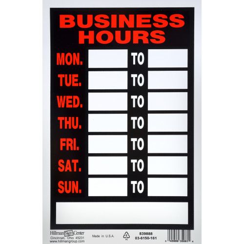 HILLMAN BUSINESS HOURS SIGN BLACK AND RED (8" X 12")