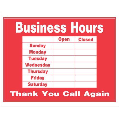 HILLMAN BUSINESS HOURS SIGN RED AND WHITE (15" X 19")