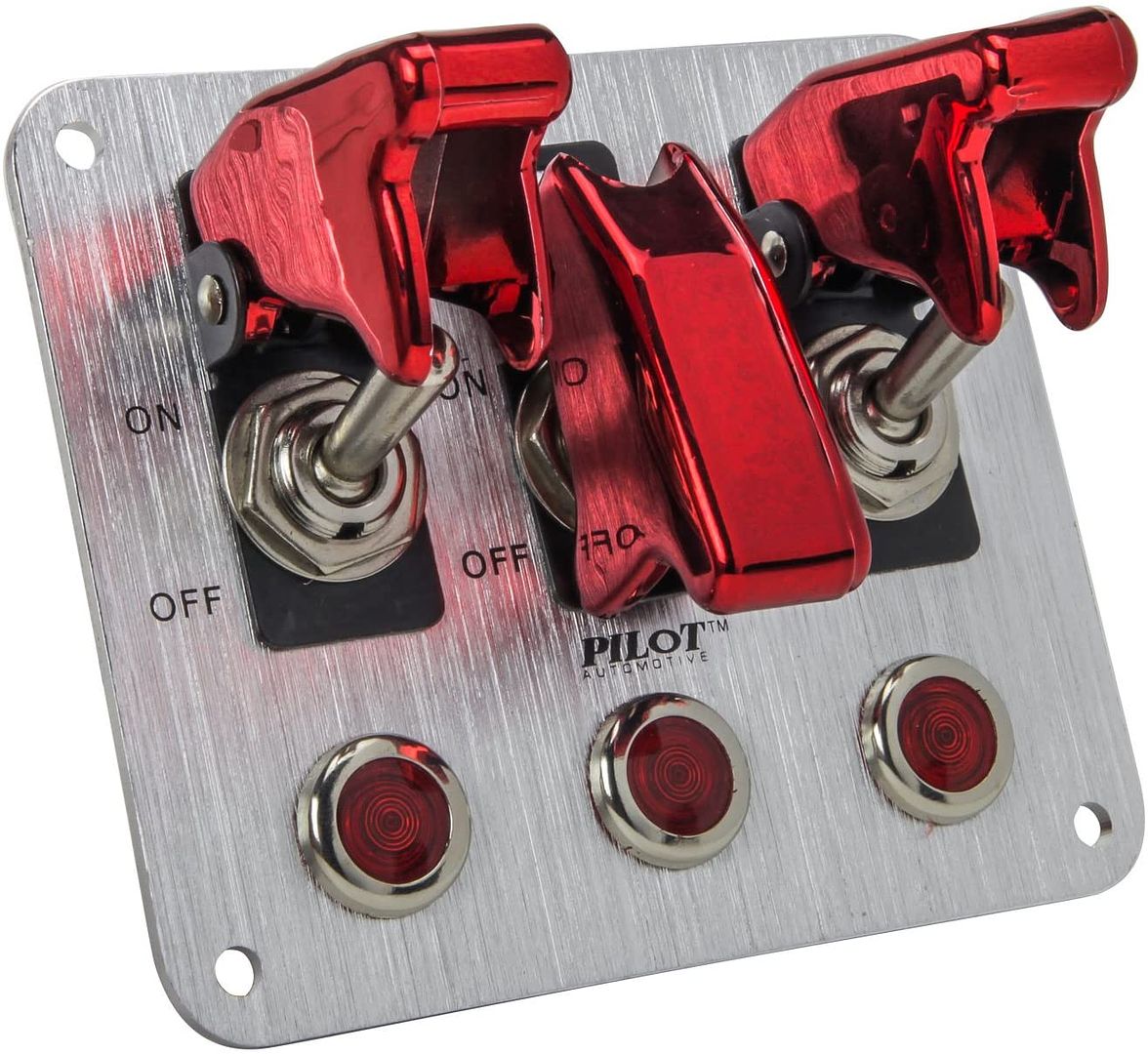 PILOT AUTOMOTIVE PL-SW53R PERFORMANCE 3 ROW RED ANODIZED SAFETY COVER TOGGLE SWITCH WITH RED INDICATOR LIGHTS