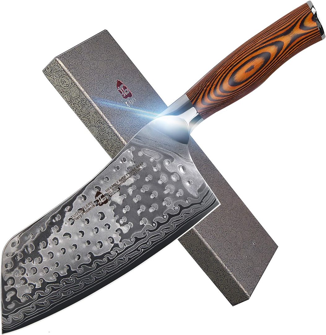 TUO Cutlery Cleaver Knife - Japanese AUS-10 Damascus Steel Hammered Finish - Chinese Chef's Knife for Meat and Vegetable with Ergonomic Pakkawood Handle - 7" - Fiery Phoenix Series