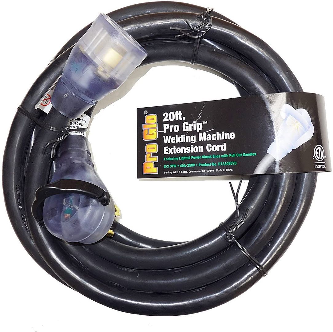 PRO GRIP 8 GAUGE STW 20 FOOT WELDING EXTENSION CORD 40A-250V WITH LIGHTED ENDS - BLACK