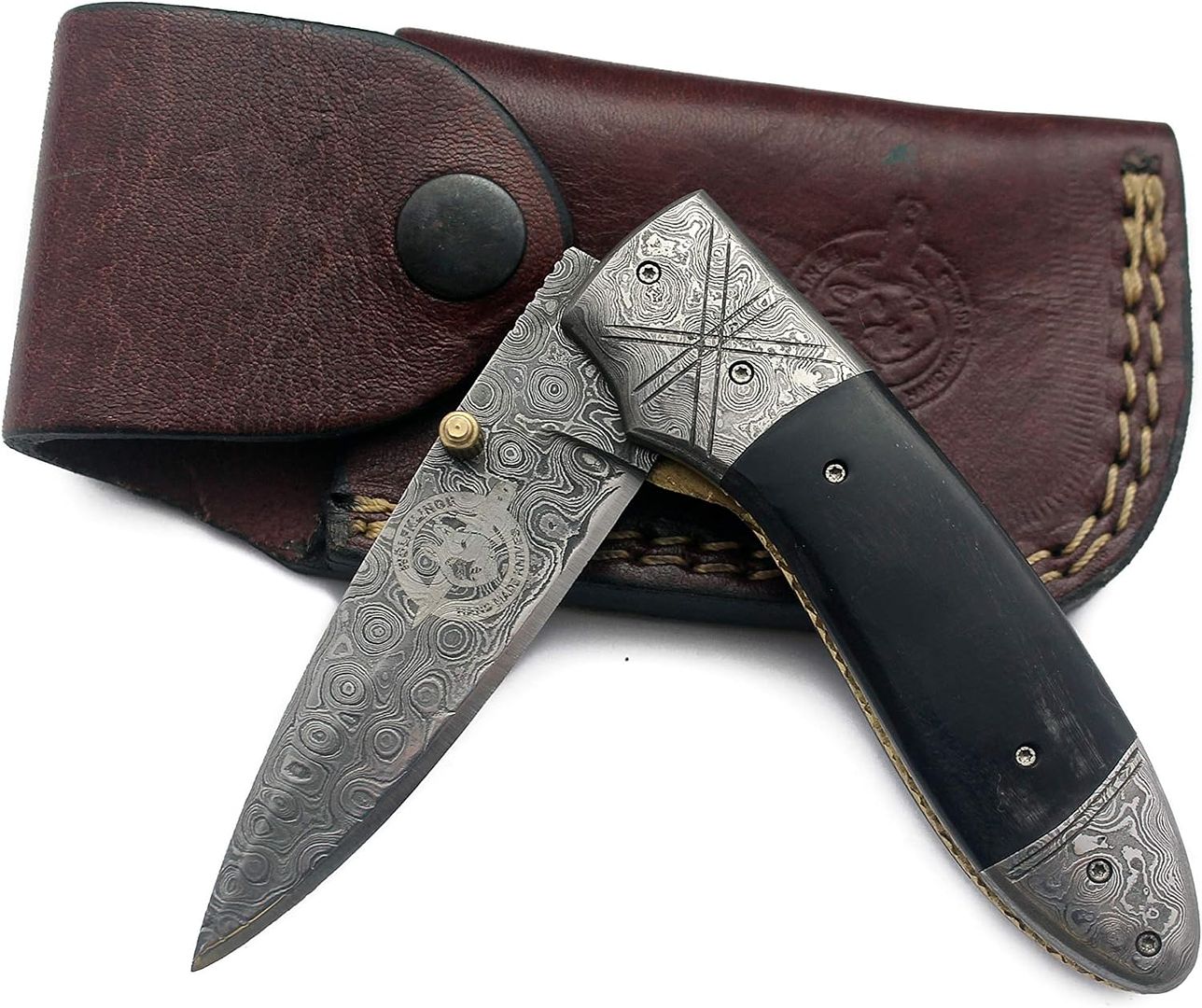 WolfKlinge Handmade Damascus Steel Pocket Knife for Hunting, Survival, Camping, Skinning, Bushcraft, Foldable Full Tang Camel Bone Handle