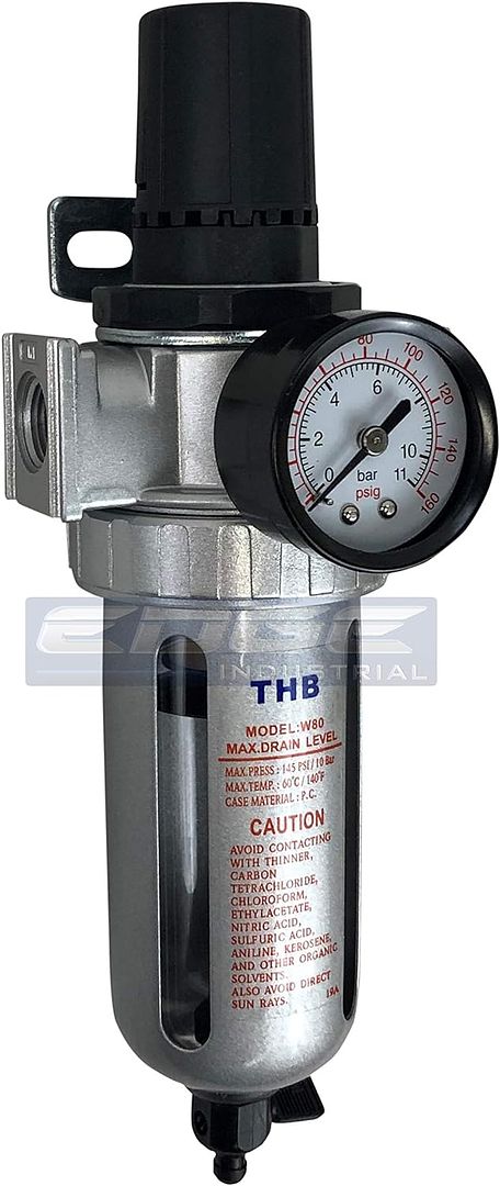 T-H-B CO EDGE INDUSTRIAL in-LINE Compressed AIR Filter Regulator Combo Piggyback, Poly Bowl and Metal Bowl Guard, 5 Micron Element, Adjustable from 7 to 145 PSI (1/2" NPT)