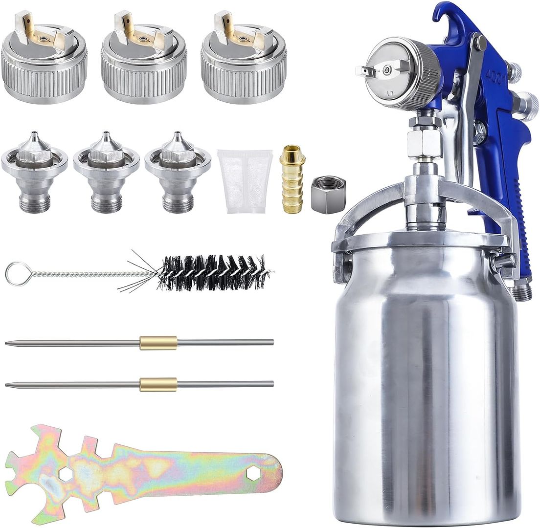 B4B BANG 4 BUCK Professional HVLP Siphon Feed Spray Gun, 1000cc Capacity Cup with 1.3mm 1.7mm 2.0mm Nozzles Professional Air Spray System for Auto Paint, Primer, Clear Top Coat & Touch-Up