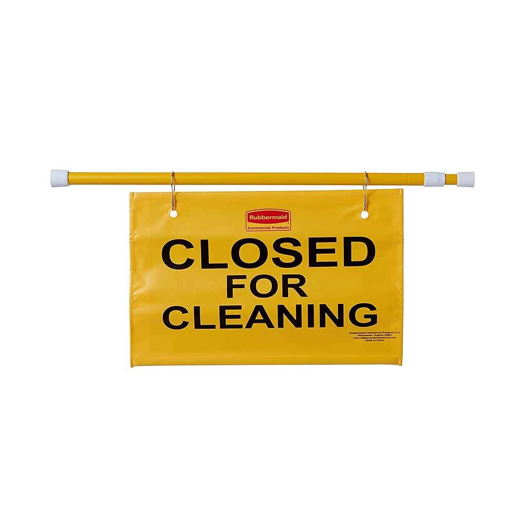 RUBBERMAID COMMERCIAL EXTEND-TO-FIT "CLOSED FOR CLEANING" HANGING DOORWAY SAFETY SIGN, YELLOW