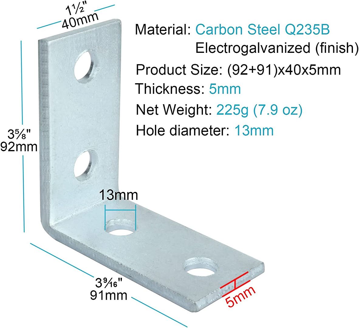 4 Hole L Shaped Connector Bracket, Length 3Â¼", Width 1Â½", Hole Distance 1Â¾", Thickness 5mm, Fit for Â½" Bolt in 1-5/8" Strut Channel, Steel Galvanized