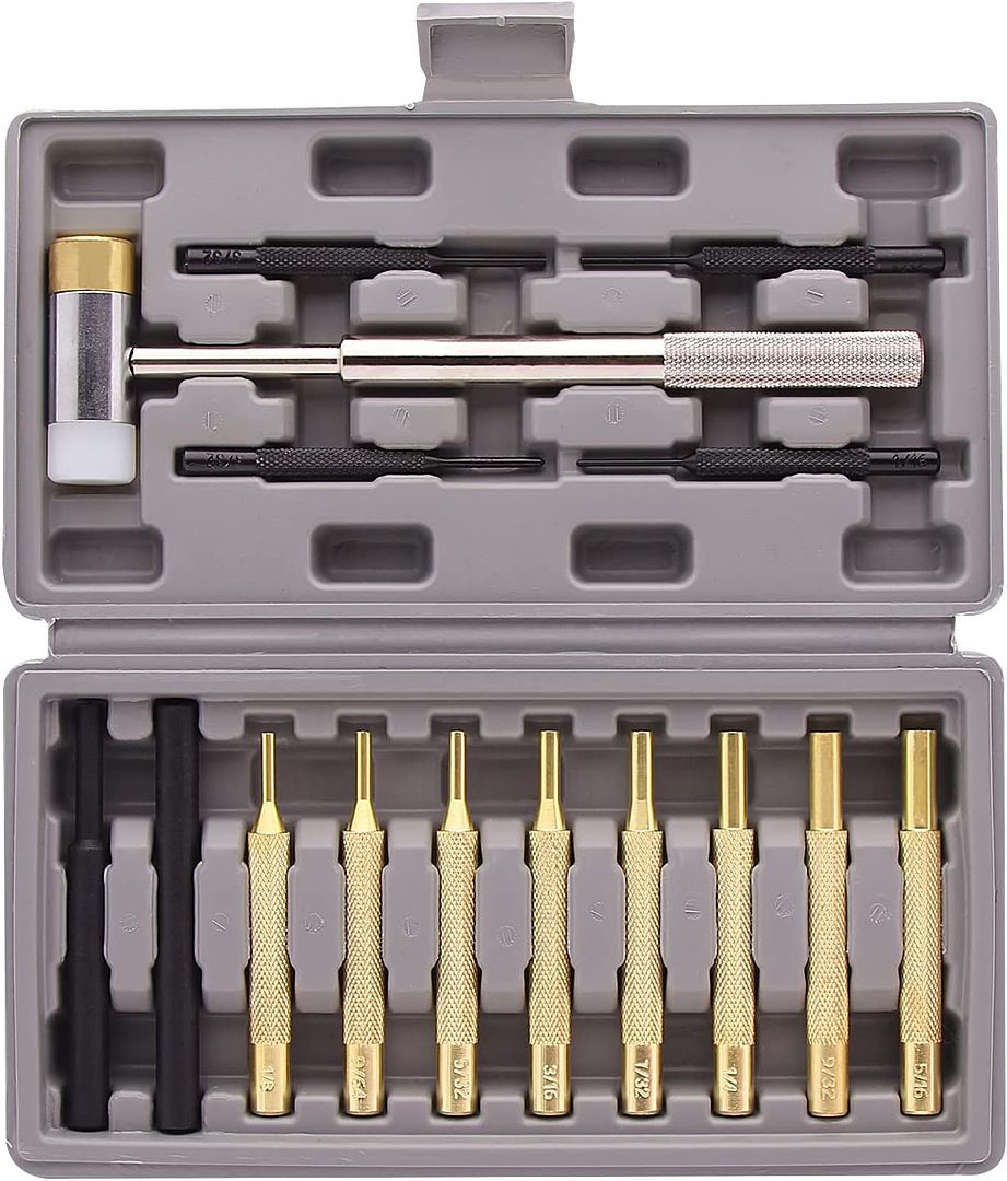 HUROFE Roll Pin Punch Set,15pcs Roll Pin Punch Set and Hammer with Brass, Steel, Plastic Punches and brass/Polymer heads hammers In Storage Case for Gunsmithing