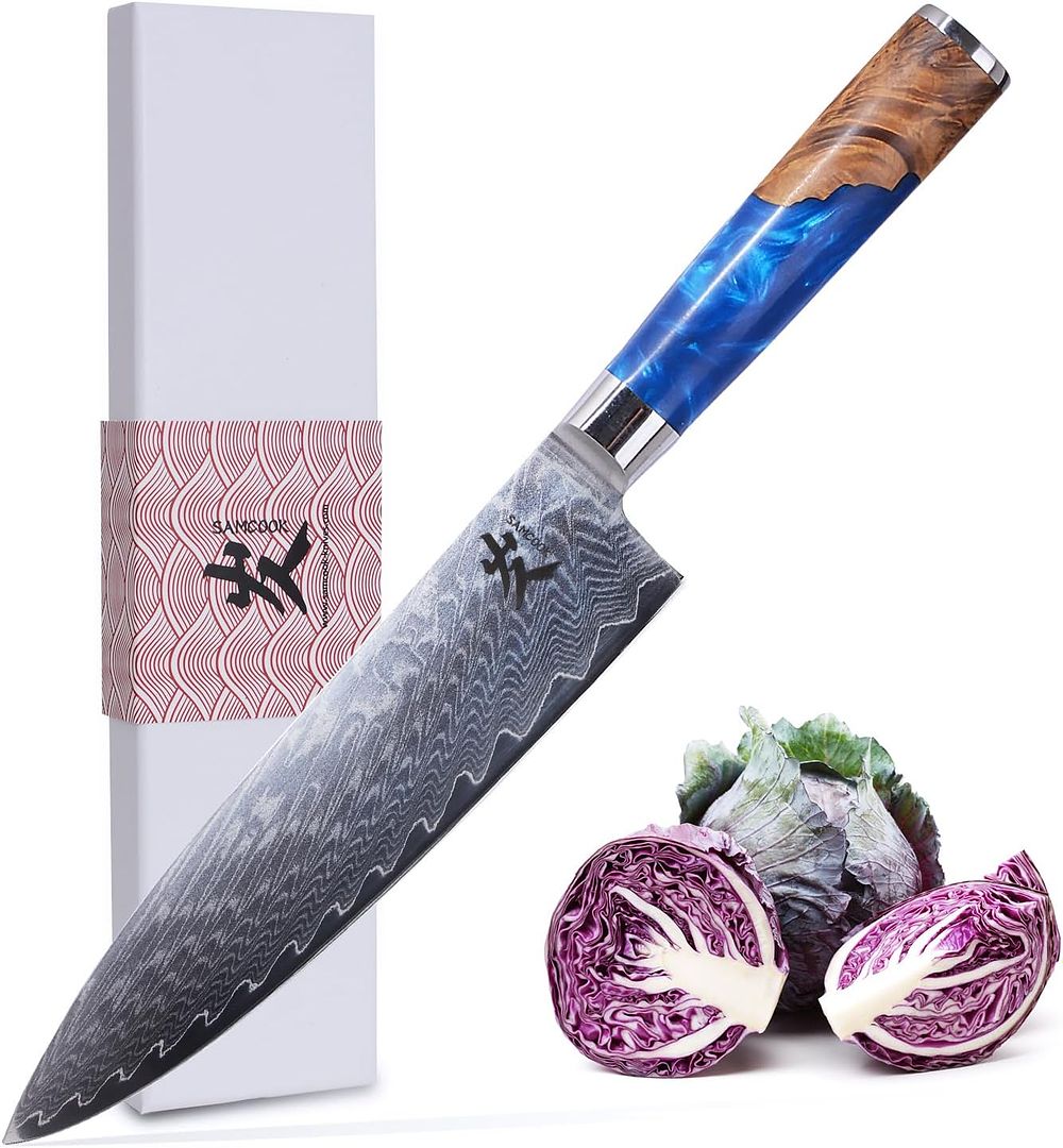 SAMCOOK Damascus Chef Knife - 8 Inch Professional Sharp Gyuto Knife - Japanese VG-10 High Carbon Stainless Steel Kitchen Cooking knife - Ergonomic Blue Resin Wood Handle