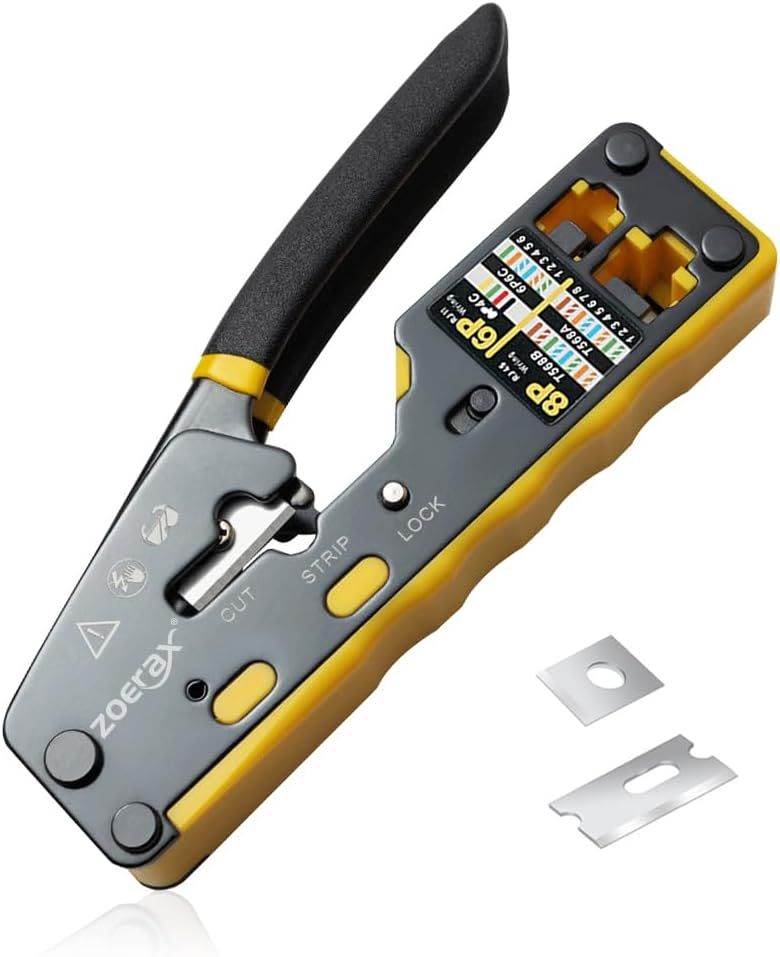 ZoeRax RJ45 Crimp Tool Pass Through Ethernet Crimping Tool for Cat6 Cat5 Cat5e RJ45 Connectors with Replacement Blade