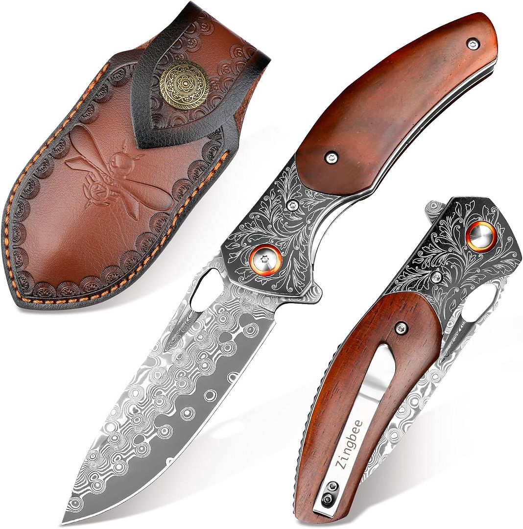 Damascus Pocket Knife with Sheath, 3.35" Damascus Steel Blade Knife with Wooden Handle, EDC Pocket Knives & Folding Knives for Outdoor Camping