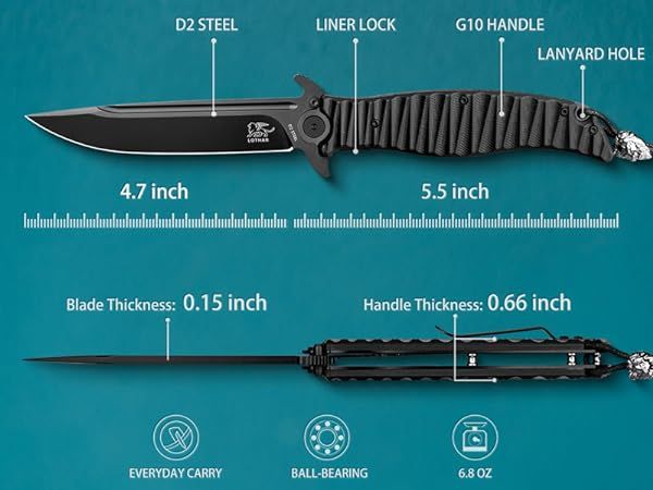 LOTHAR PHOENIX Pocket Knife, 4.7'' D2 Steel Blade Folding Knife, Huge Tactical Pocket Knife for Men, Cool EDC Knife, Flipper Assisted Opening and G10