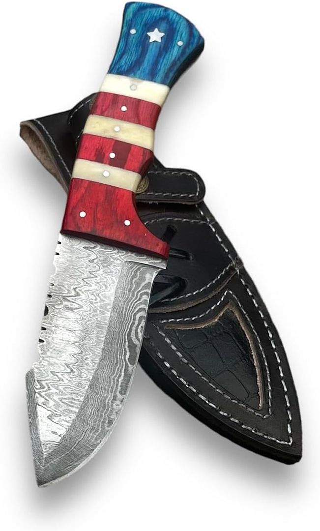 Handmade Damascus Steel Hunting Skinning Knife with Leather Sheath 9'' Hand Forged Full Tang Fixed Blade