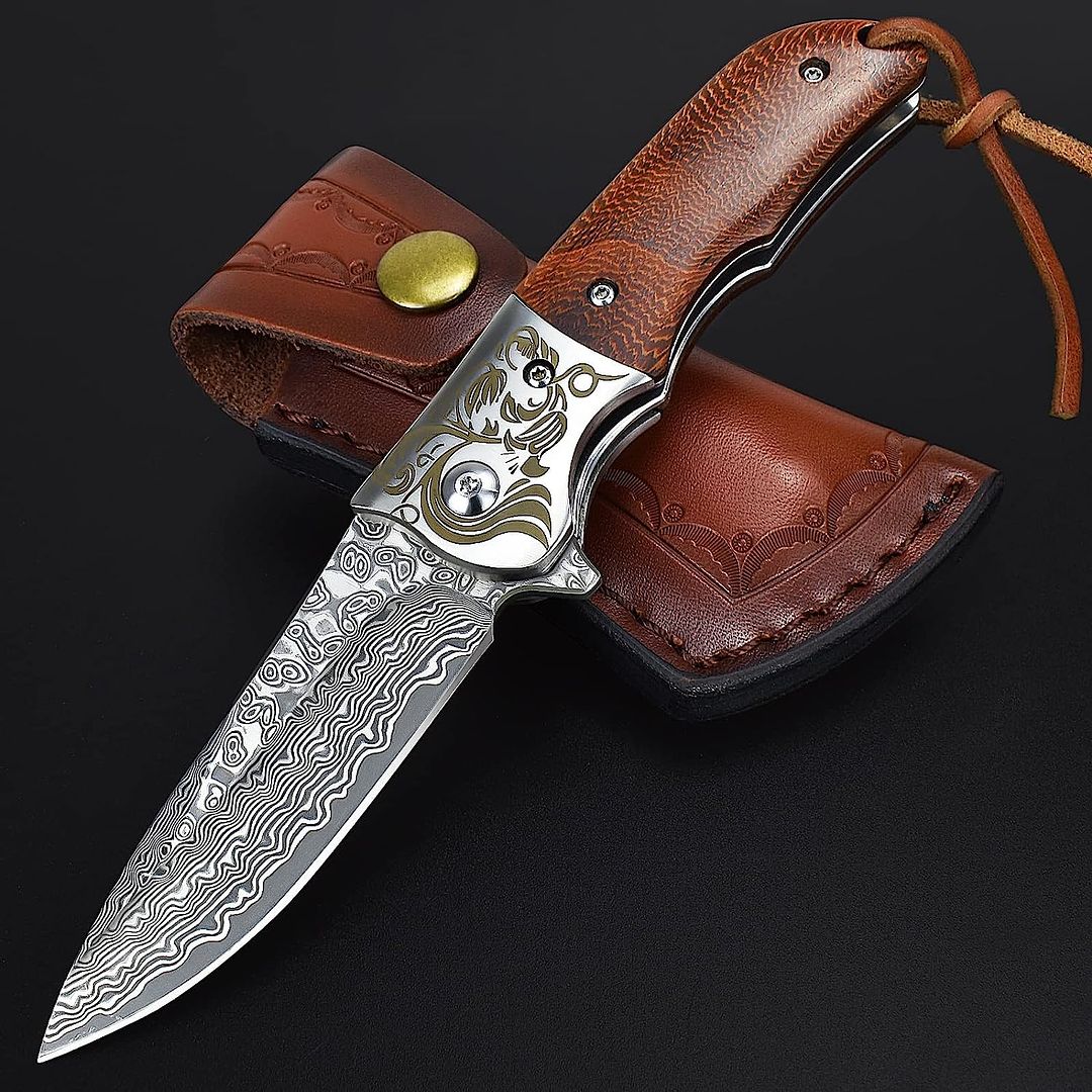 AUBEY Damascus Pocket Knife with Clip, Damascus Knife Folding Knife with VG10 Damascus Steel Blade, Wooden Handle, Foldable EDC Knife for Outdoor Survival