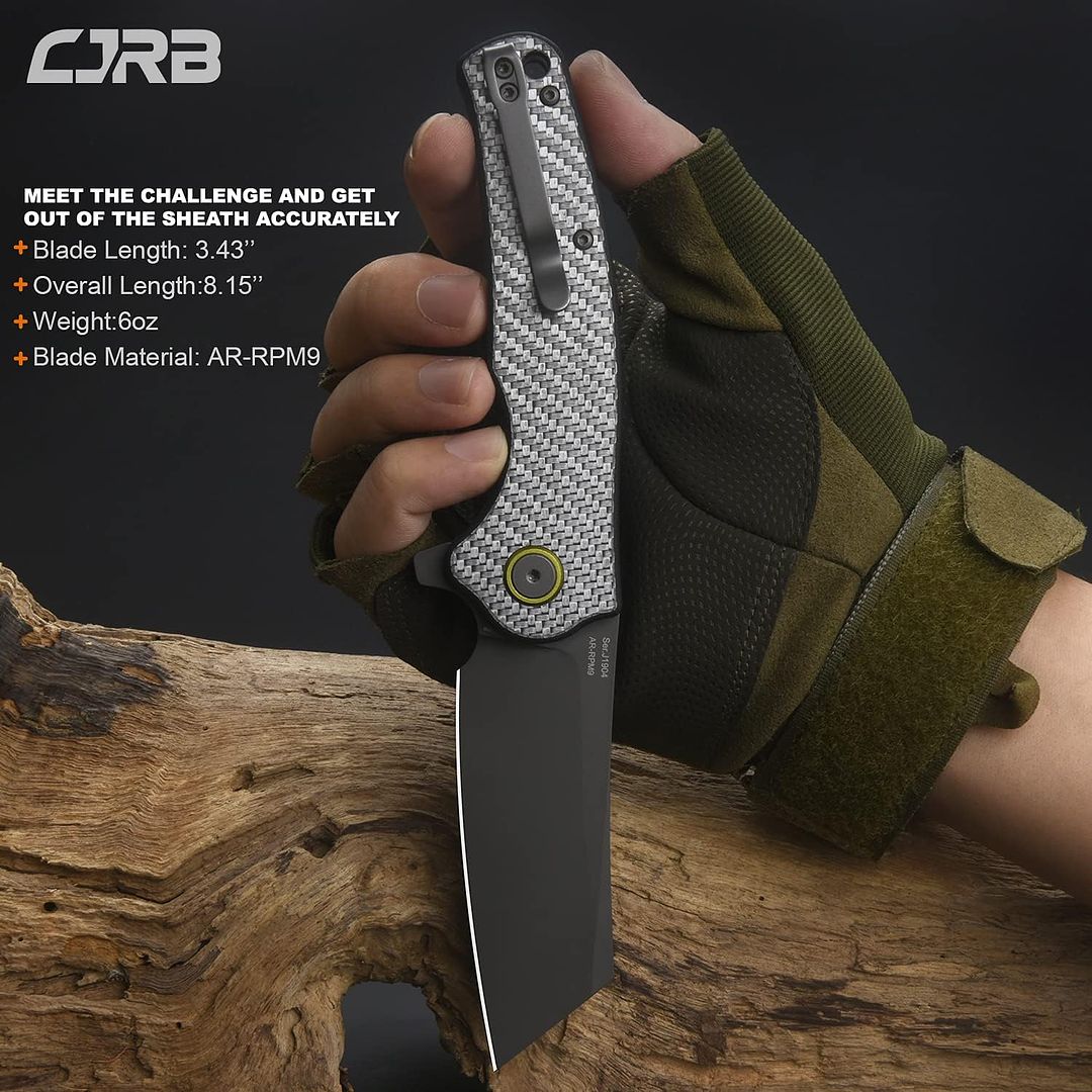 CJRB CUTLERY Pocket Knife Crag (J1904) AR-RPM9 Powder Steel Gray PVD Blade Silver Carbon Fiber Handle Folding Knife EDC Knife