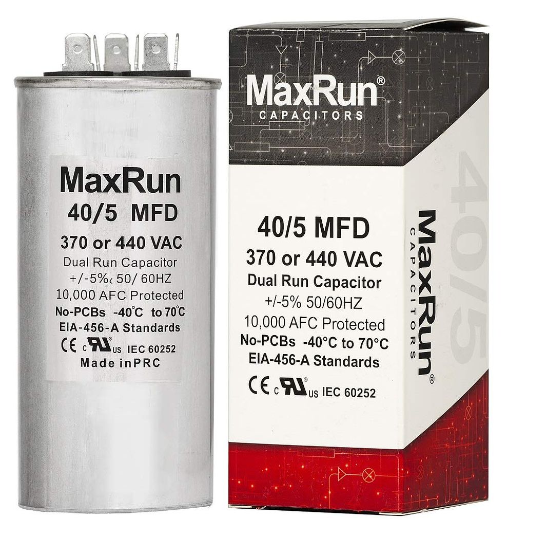 MAXRUN 40+5 MFD uf 370 or 440 Volt VAC Round Motor Dual Run Capacitor for AC Air Conditioner Condenser - 40/5 uf MFD 440V Straight Cool or Heat Pump - Will Run AC Motor and Fan