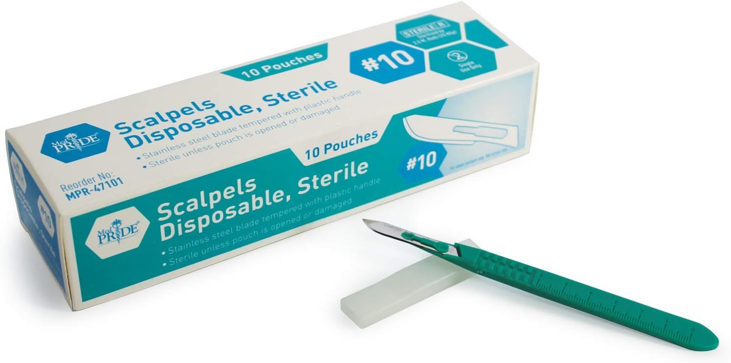 MED PRIDE Disposable Scalpel Blades| Sharp, Tempered Stainless-Steel Blades | Pack of 10 Sterile Scalpel Knives| Plastic Handle| Individual Pouches| for Dermaplaining, Podiatry, Crafts & More (#10)
