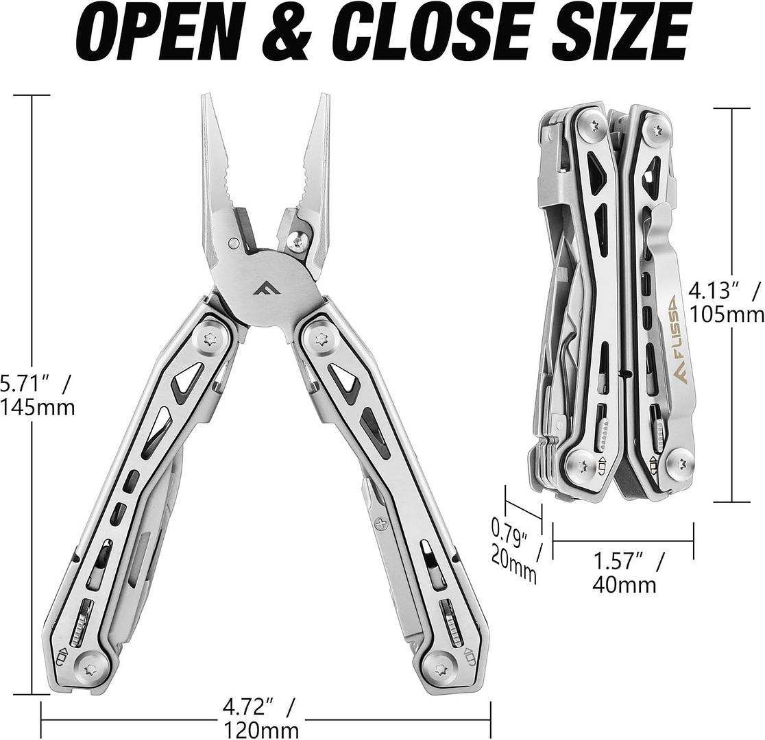 FLISSA Multitool, 16-in-1 Stainless Steel Multi Tool, EDC Multitool with Pocket Knife, Screwdriver, Pliers, Safety Locking and Sheath, Utility Multi-Tool for Camping Survival Outdoor Activities