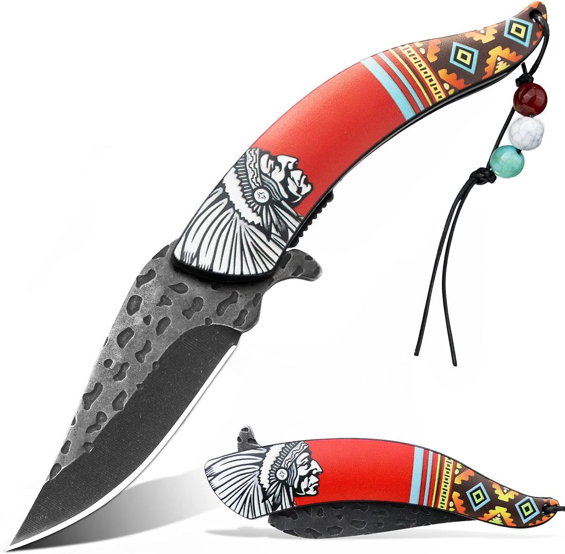 VALHALLA Pocket Folding Knife, Vintage Art Native American Outdoor Folding Knife,Survival Knife With 3D Retro Embossed Pattern, Cool EDC Pocket Knife
