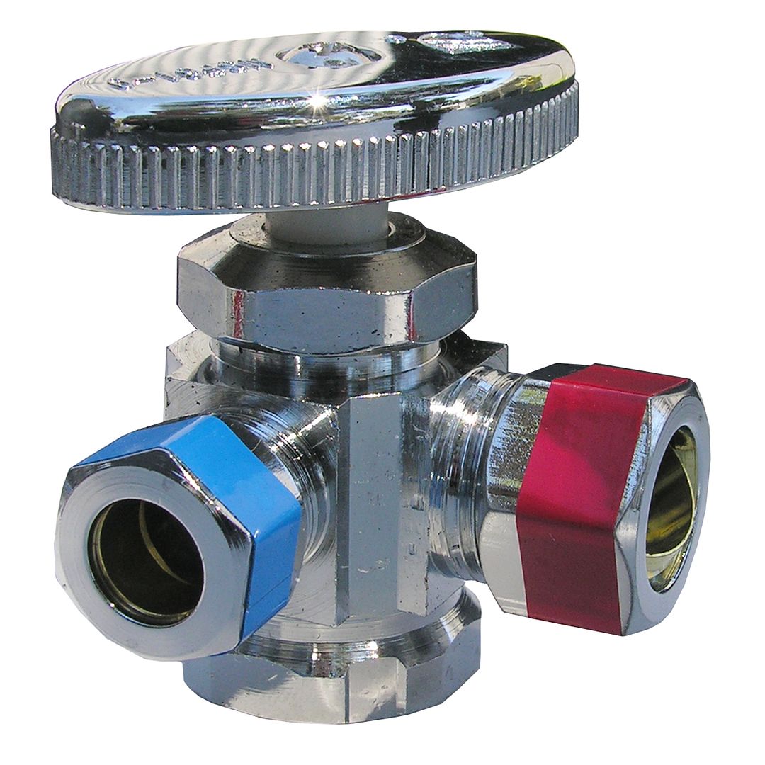 1/2" IRON PIPE INLET X 1/2" COMPRESSION OUTLET, 3/8" COMPRESSION OUTLET, 3-WAY ANGLE STOP