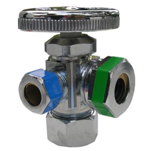 5/8" COPPER COMPRESSION INLET X 1/2" IRON PIPE OUTLET, 3/8" COMPRESSION OUTLET, 3-WAY ANGLE STOP