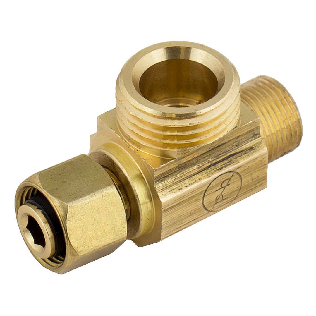 3/8" FEMALE COMPRESSION INLET X 3/8" COMPRESSION OUTLET, 1/2" IRON PIPE OUTLET, ANGLE STOP TEE