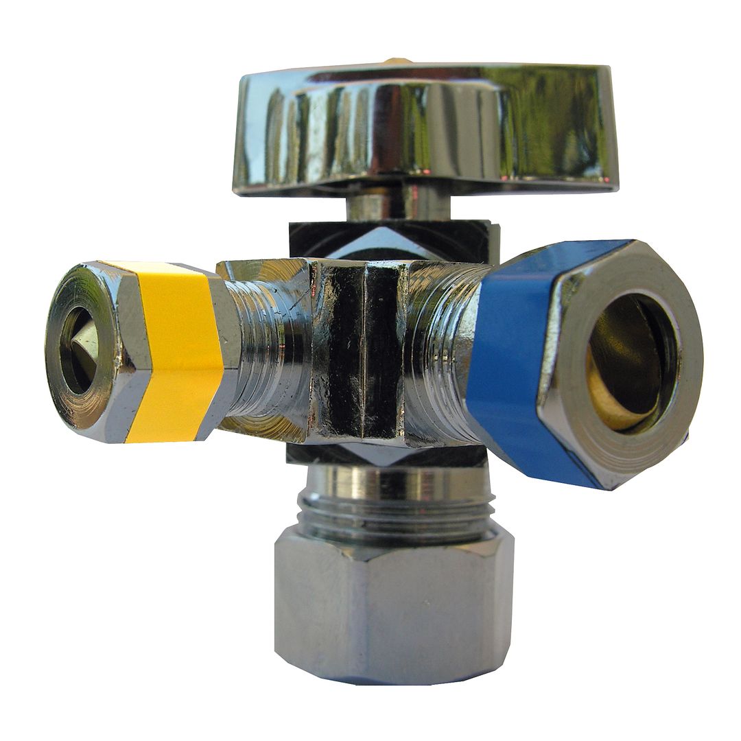 5/8" COPPER COMPRESSION INLET X 3/8" COMPRESSION OUTLET, 1/4" COMPRESSION OUTLET, 1/4 TURN, 3-WAY ANGLE STOP