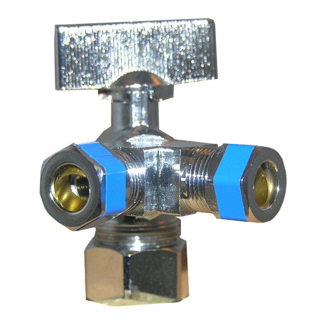 5/8" COPPER COMPRESSION INLET X 3/8" COMPRESSION OUTLET, 3/8" COMPRESSION OUTLET, 1/4 TURN, 3-WAY ANGLE STOP