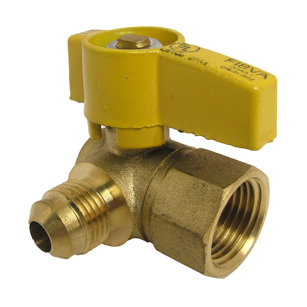 BRASS ANGLE GAS BALL VALVE 3/8" FLARE X 1/2" FEMALE PIPE THREAD INLET