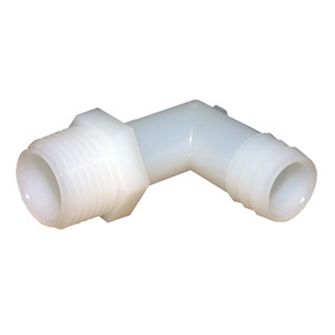 NYLON BARB FITTING, 3/4", INSERT X MALE PIPE, 90 DEGREE ELBOW