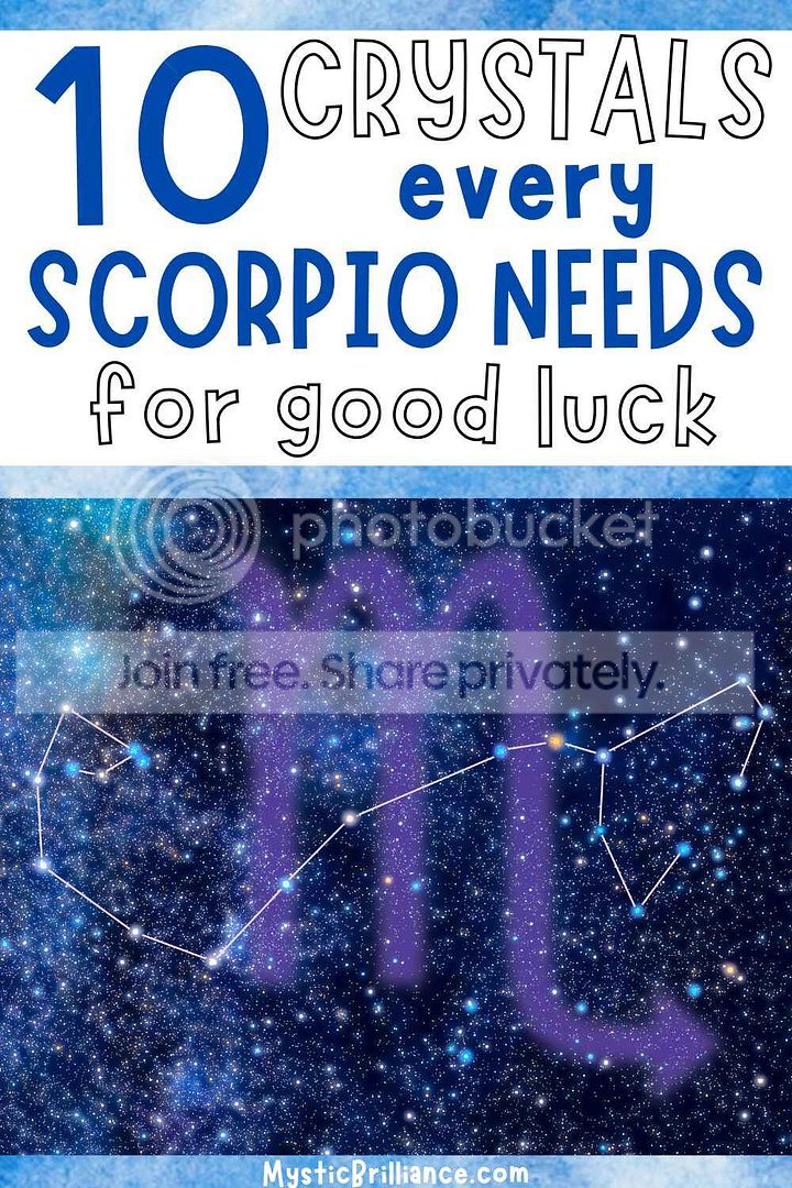 Picture of Scorpio constellation and astrological sign on starry sky background with text overlay 10 Crystals Every Scorpio Needs for Good Luck