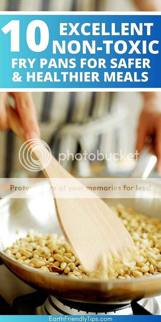 Picture of person cooking food in stainless steel frying pan with text overlay 10 Excellent Non-Toxic Fry Pans for Safer and Healthier Meals