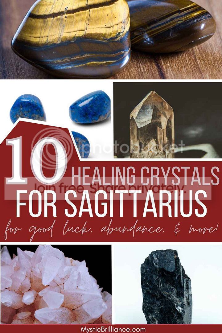 Picture collage of assorted healing crystals with text overlay 10 Healing Crystals for Sagittarius for Good Luck, Abundance, and More