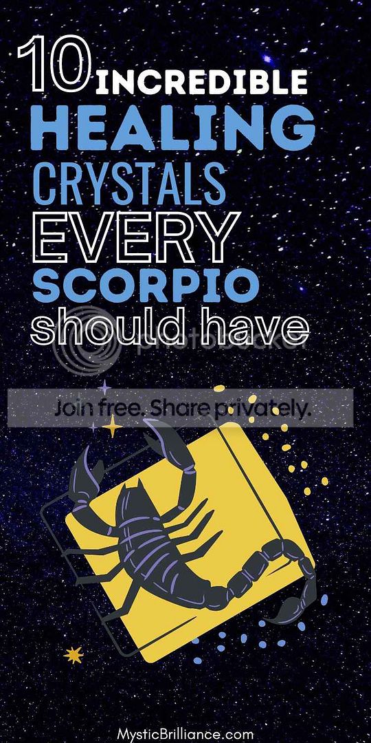 Picture of Scorpio astrological symbol on starry sky background with text overlay 10 Incredible Healing Crystals Every Scorpio Should Have