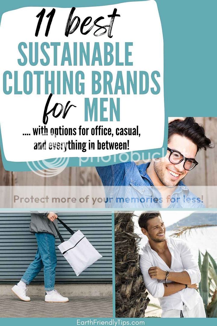 Picture collage of men wearing eco-friendly clothes with text overlay 11 Best Sustainable Clothing Brands for Men With Options for Office, Casual, and Everything in Between