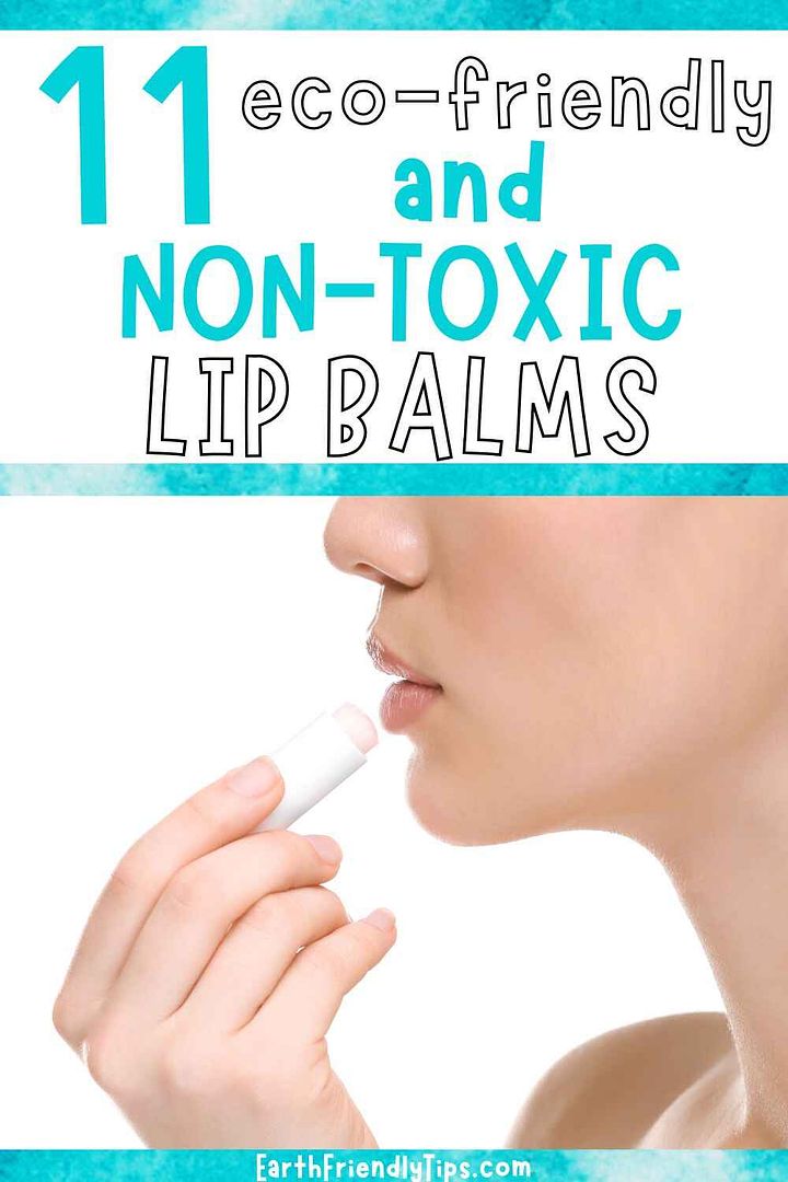 Picture of woman holding lip balm up to lips with text overlay 11 Eco-Friendly and Non-Toxic Lip Balms