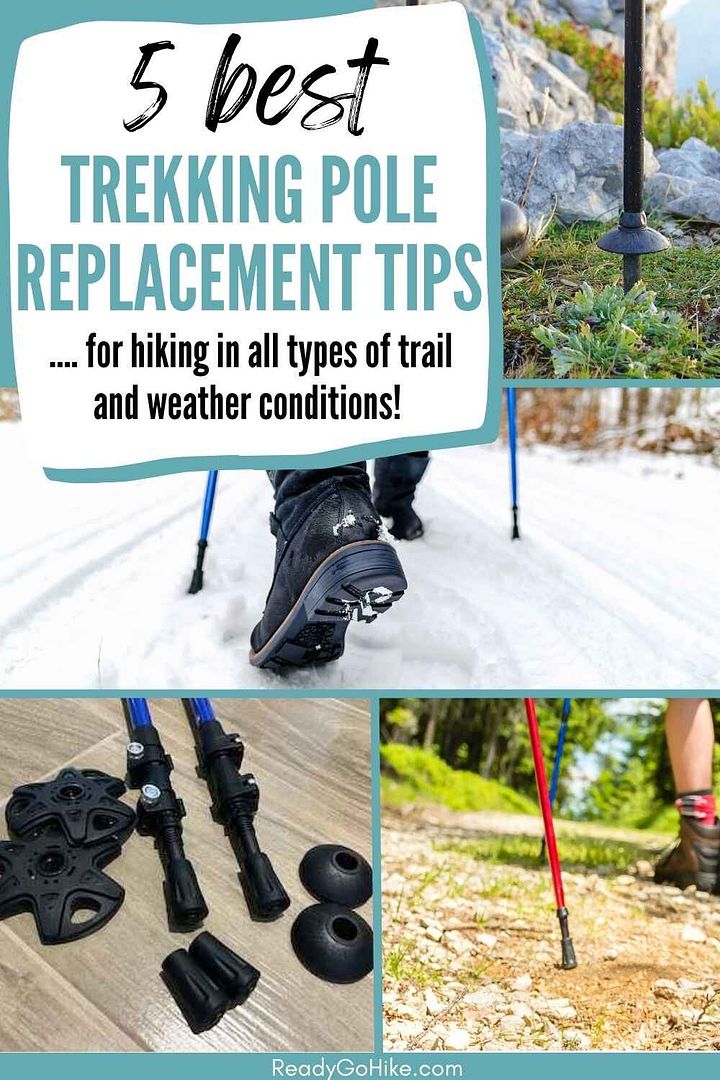 Picture of assorted hiking poles with trekking pole replacement tips with text overlay 5 Best Trekking Pole Replacement Tips for Hiking in All Types of Trail and Weather Conditions