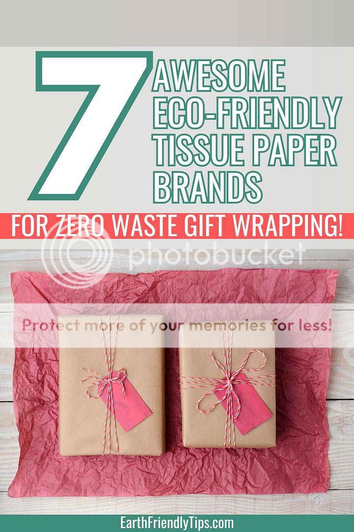 Picture of presents wrapped in brown kraft paper sitting on top of red tissue paper with text overlay 7 Awesome Eco-Friendly Tissue Paper Brands for Zero Waste Gift Wrapping