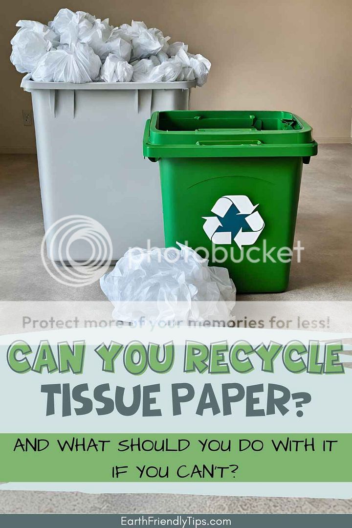 Picture of crumpled tissue paper piled next to green recycling bin and gray trash bin with text overlay Can You Recycle Tissue Paper? And What Should You Do With it if You Can't?