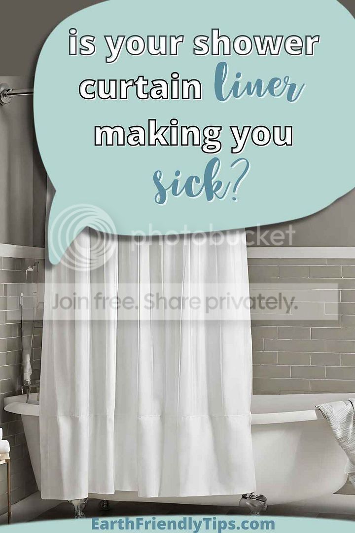 Picture of white shower curtain liner hanging in front of tub with text overlay Is Your Shower Curtain Liner Making You Sick?