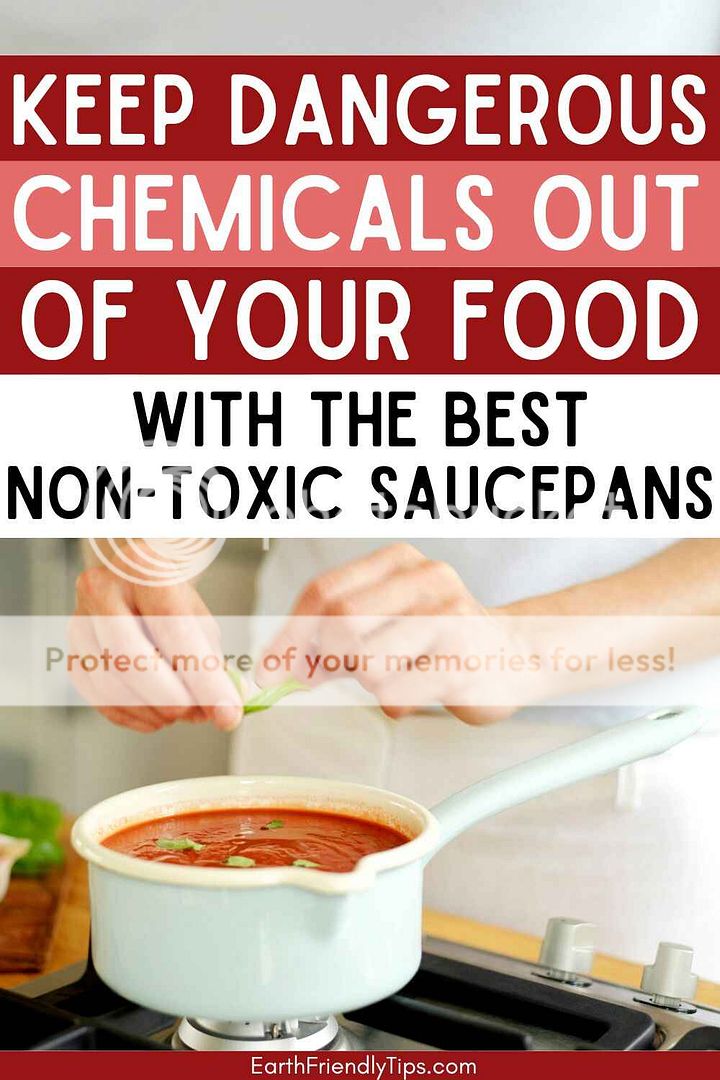 Picture of person cooking pasta sauce in ceramic saucepan with text overlay Keep Dangerous Chemicals Out of Your Food With the Best Non-Toxic Saucepans