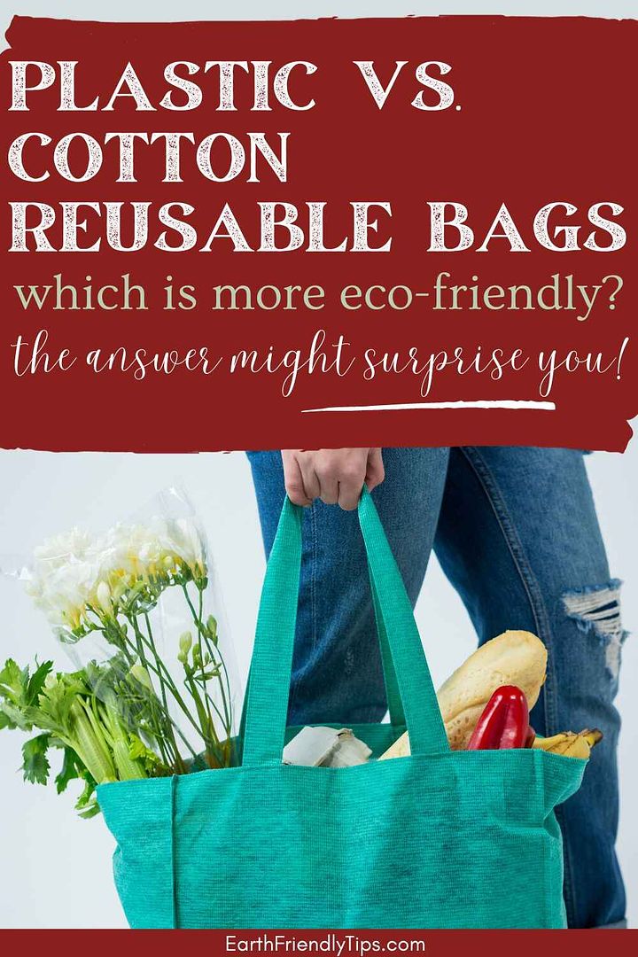 Picture of person carrying groceries in a reusable shopping bag with text overlay Plastic vs. Cotton Reusable Bags Which Is More Eco-Friendly? The Answer Might Surprise You!