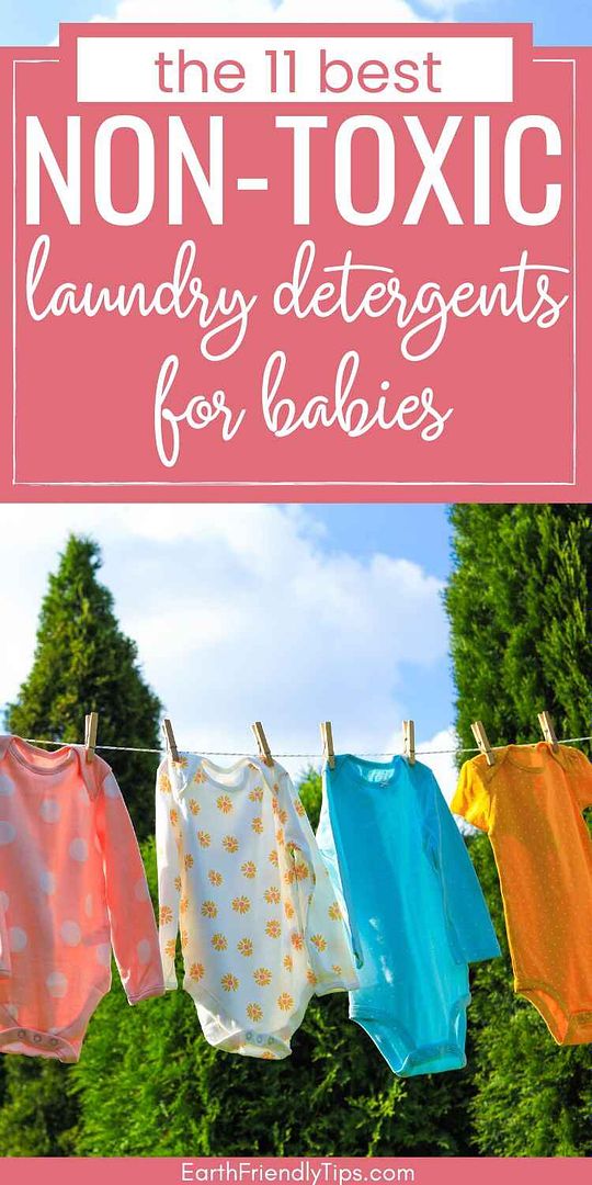 Picture of baby clothes hanging outside on clothesline with text overlay The 11 Best Non-Toxic Laundry Detergents for Babies
