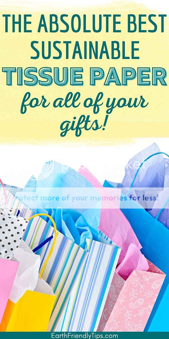 Picture of colorful tissue paper in bright gift bags with text overlay The Absolute Best Sustainable Tissue Paper for All of your Gifts