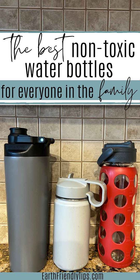 Picture of stainless steel and glass water bottles with text overlay The Best Non-Toxic Water Bottles for Everyone in the Family