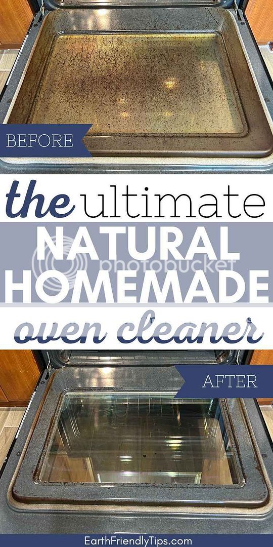 Before picture of dirty oven and after picture of clean oven with text overlay The Ultimate Natural Homemade Oven Cleaner